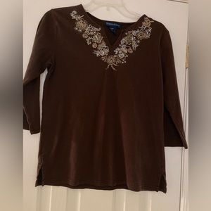 Karen Scott size S 3/4 sleeve brown embroidered top